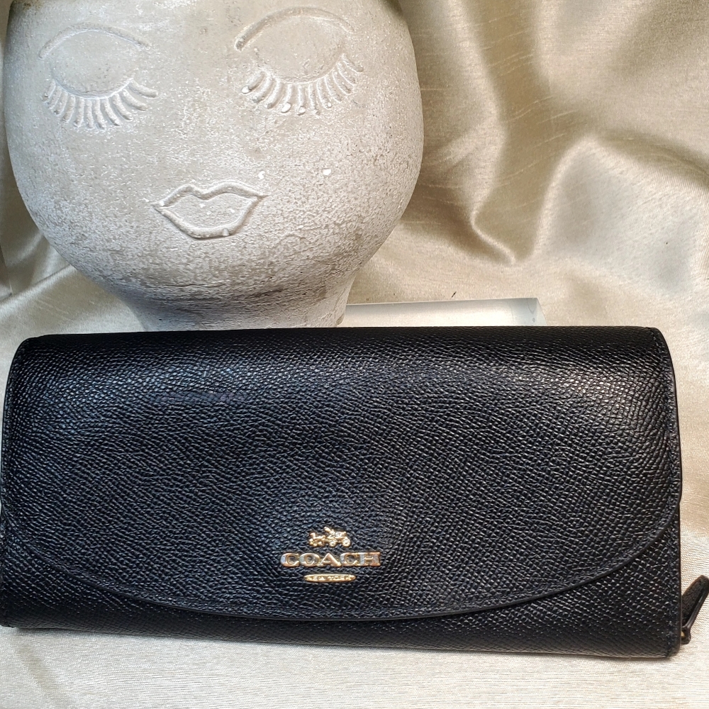 COACH Slim Envelope Crossgrain Black Leather Wallet, ✨️EUC